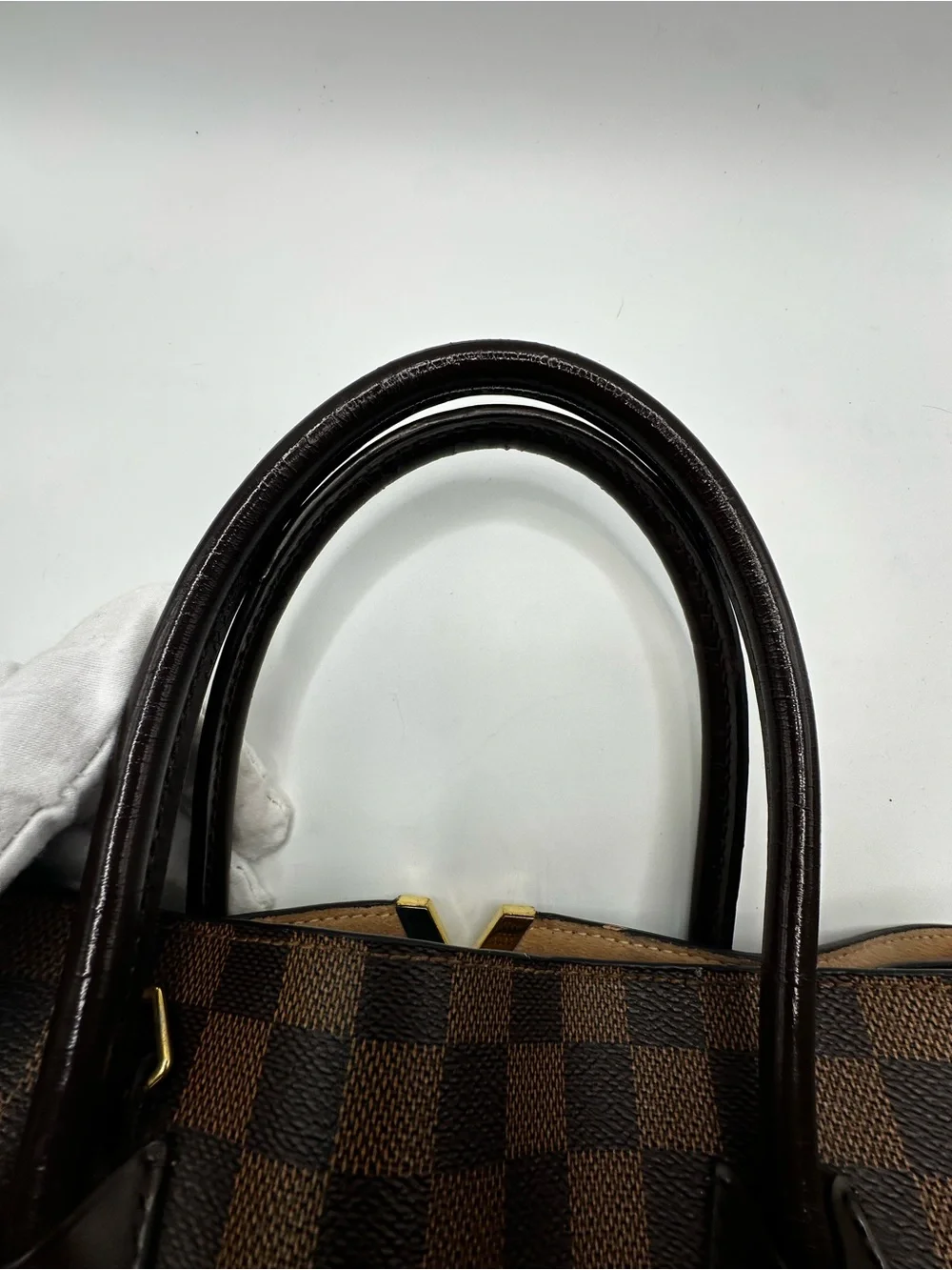 Louis Vuitton Brown Damier Ebene Kensington Canvas Tote with Gold V Detail